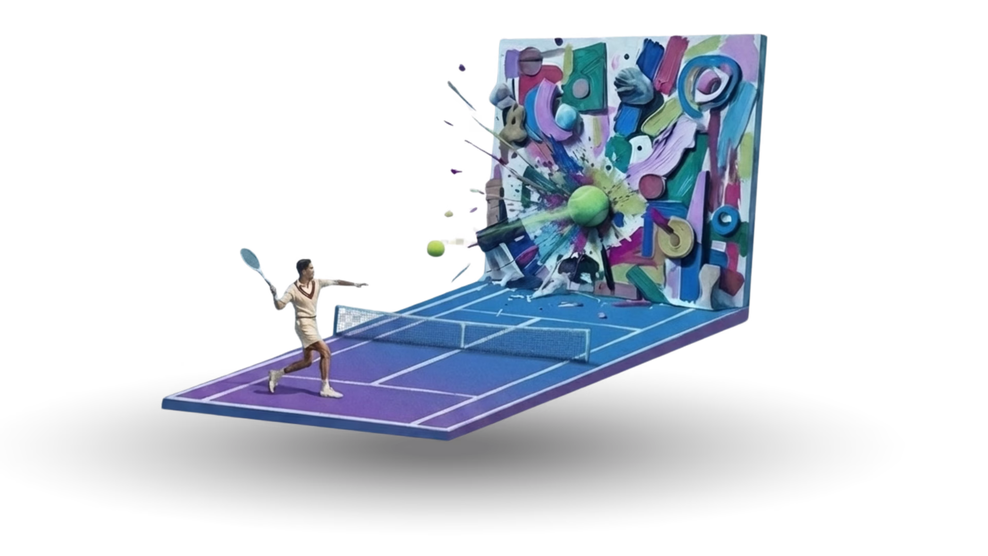Tennis player hitting a ball toward a colorful abstract wall that explodes into shapes and paint