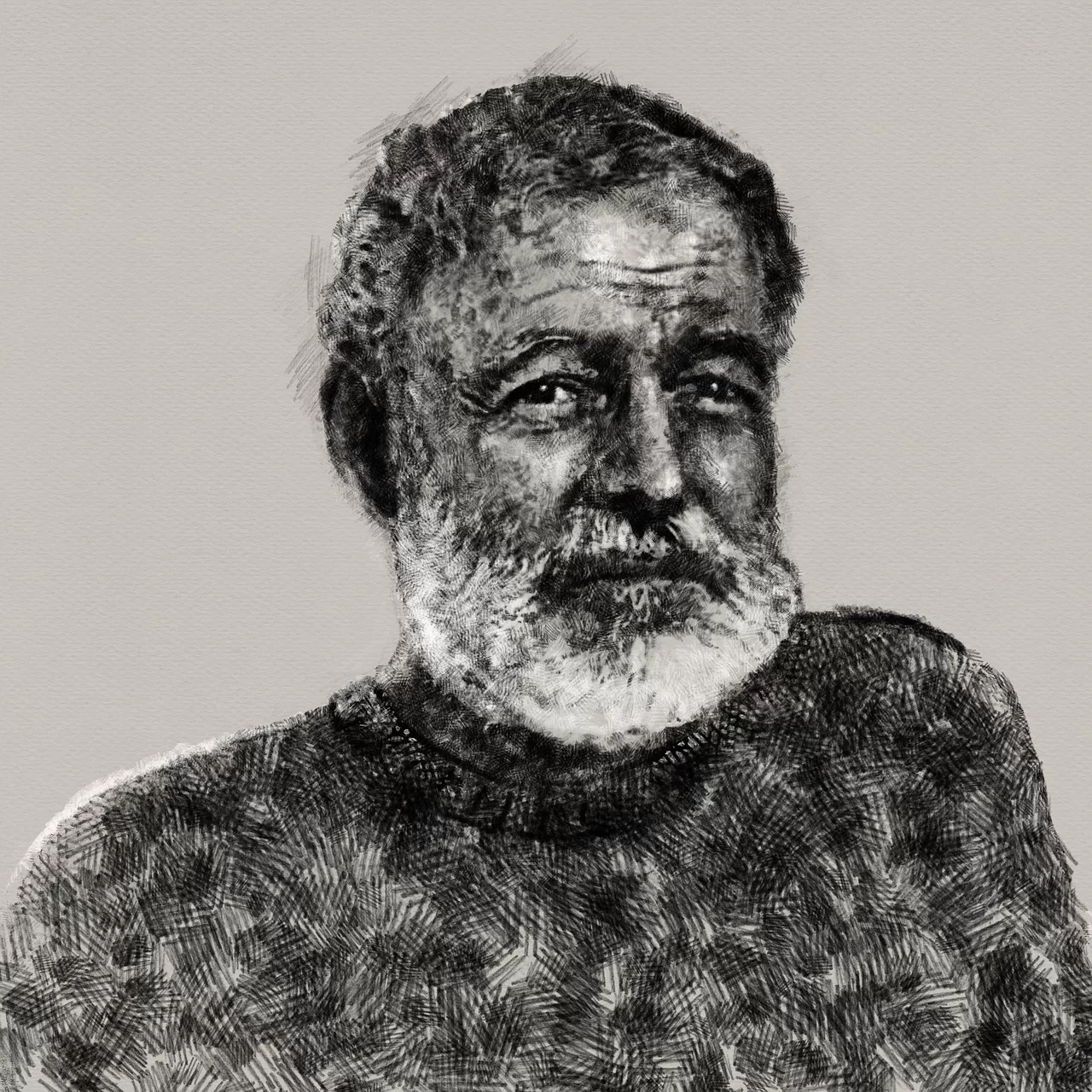 Black and white drawing of an older bearded man in a sweater with a neutral expression.