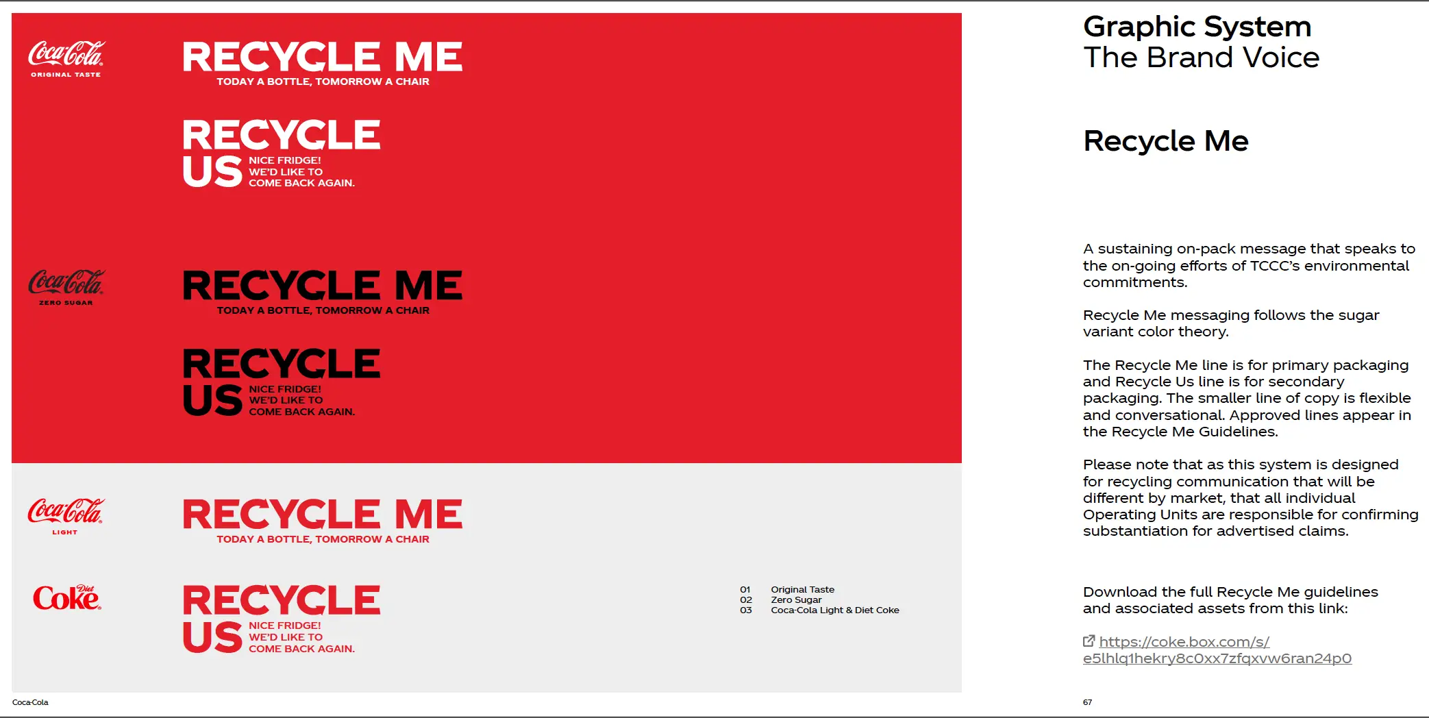 Coca-Cola recycling promotion with environmental messaging and guidelines based on sugar variants.