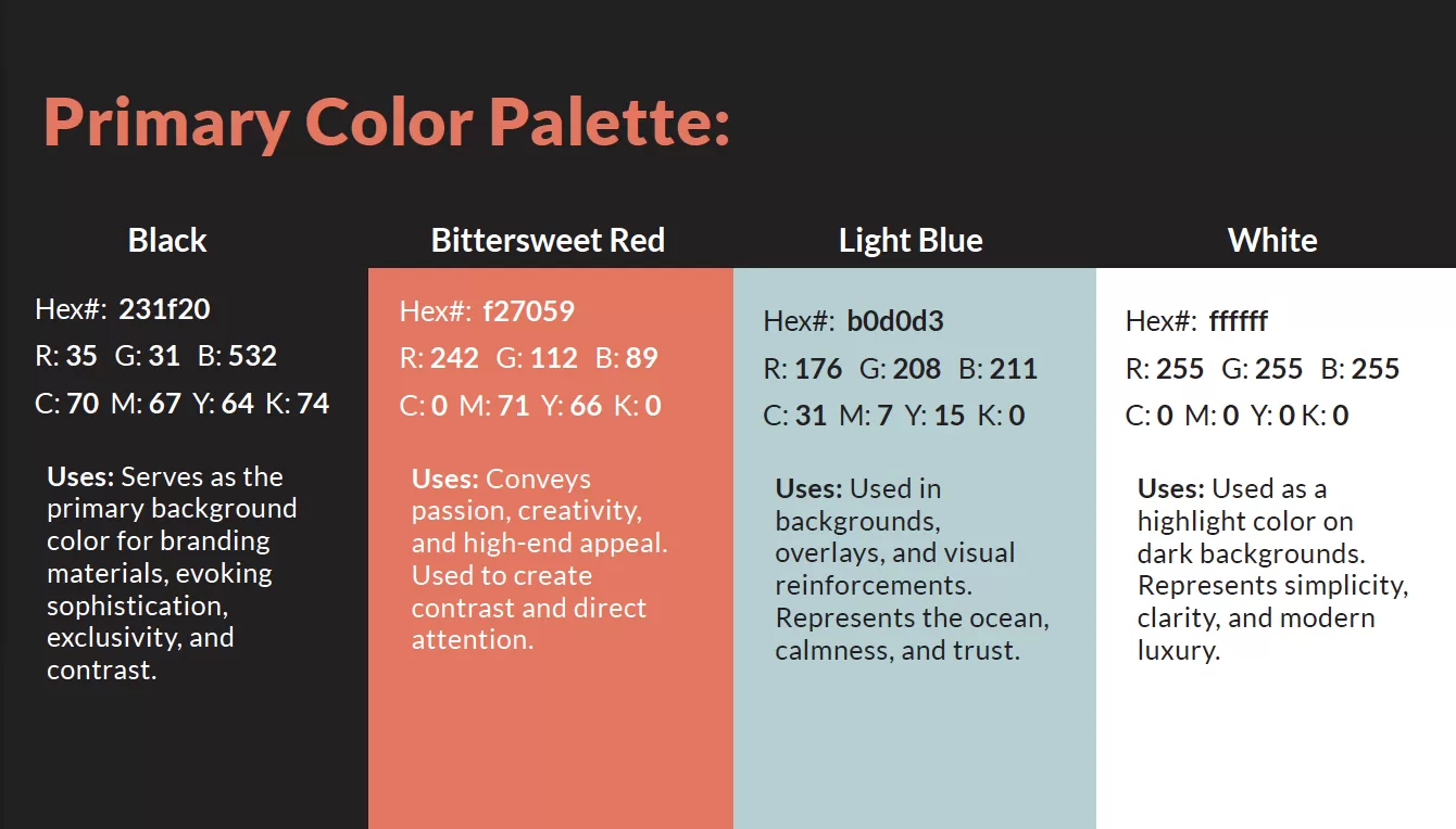 Primary color palette with Black, Bittersweet Red, Light Blue, and White for design uses.