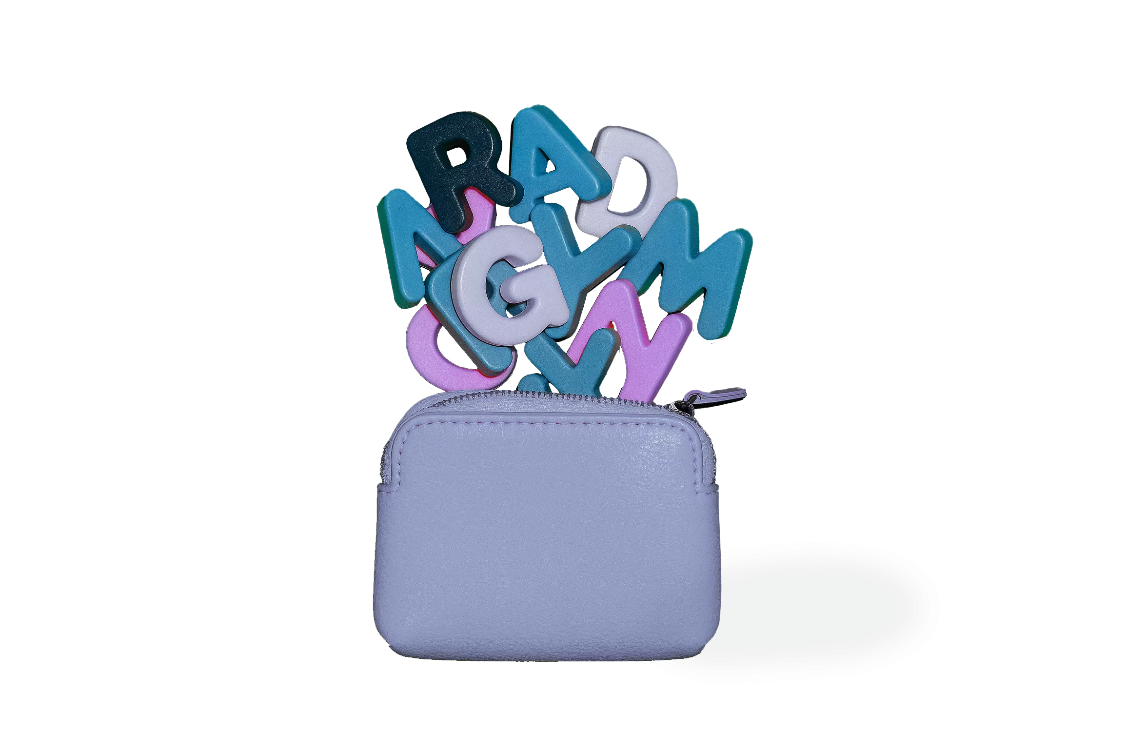 Light purple coin purse with colorful block letters in the background.