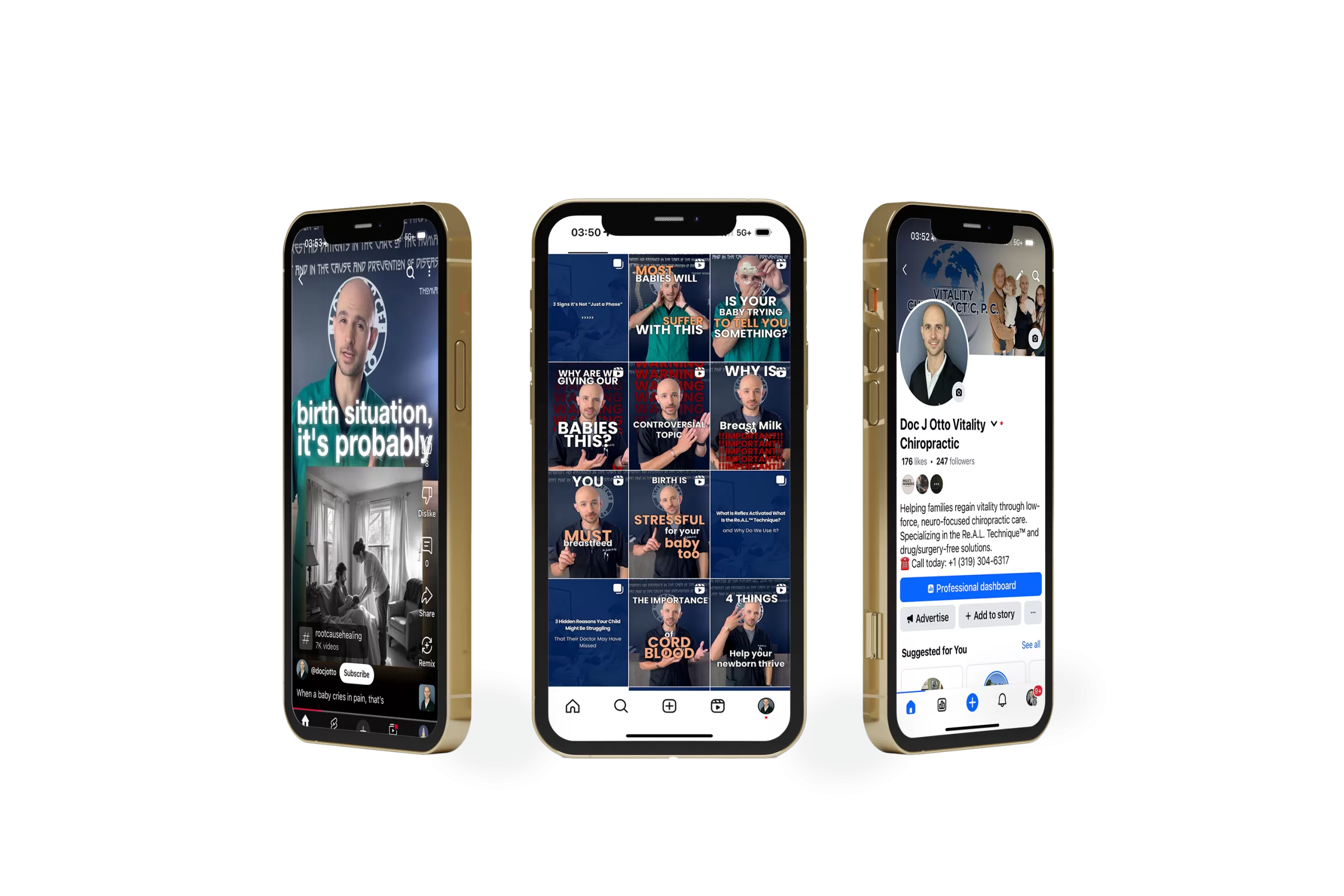 video, posts grid, professional profile.