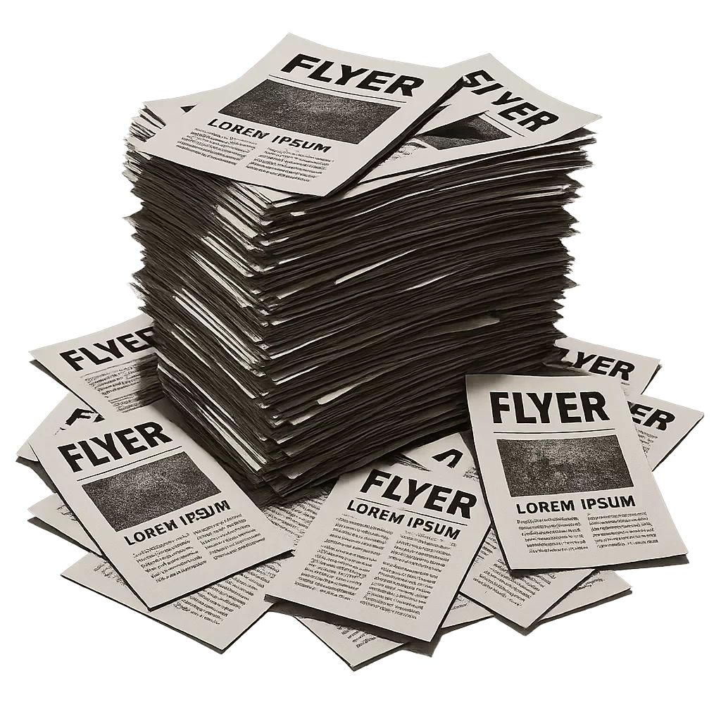 Stack of black and white flyers with the word FLYER and placeholder text LOREM IPSUM.
