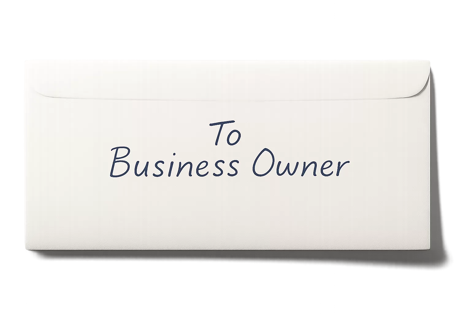 White envelope addressed To Business Owner in blue ink on a gray background.