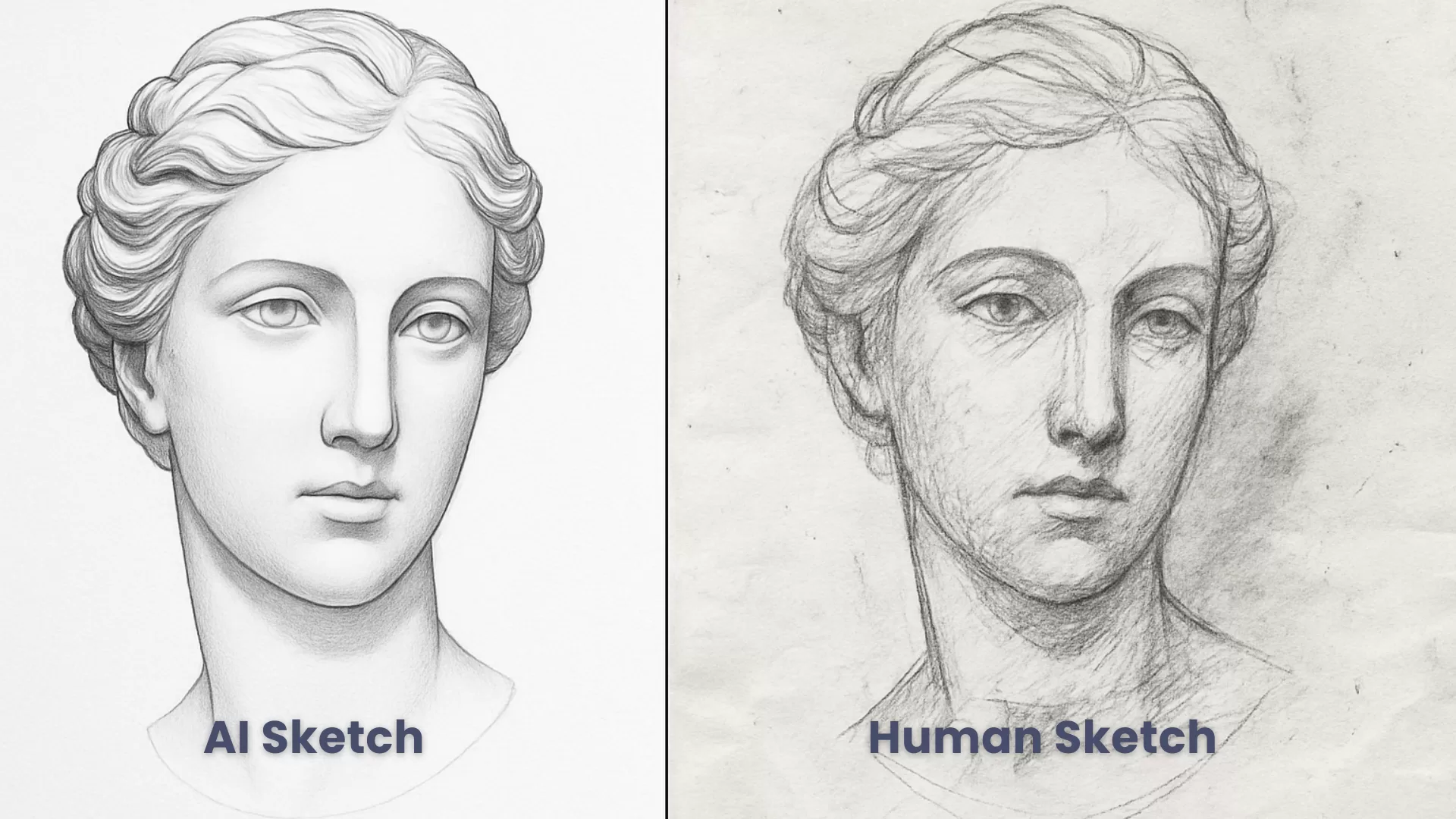 Comparison of an AI-created smooth shaded sketch and a textured human pencil sketch of a classical bust.