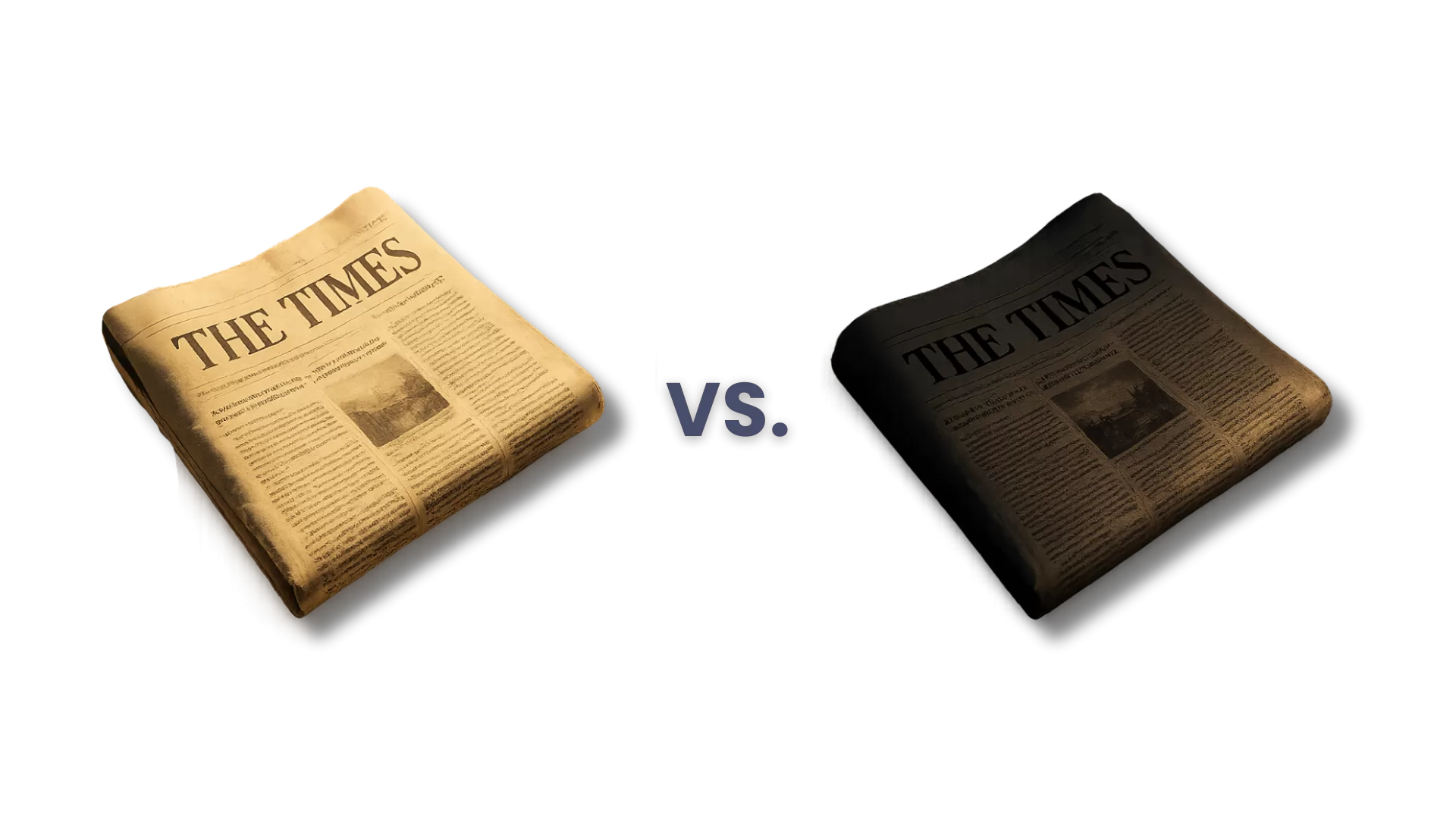 Two folded newspapers titled THE TIMES side by side against a black background with "vs." between them.
