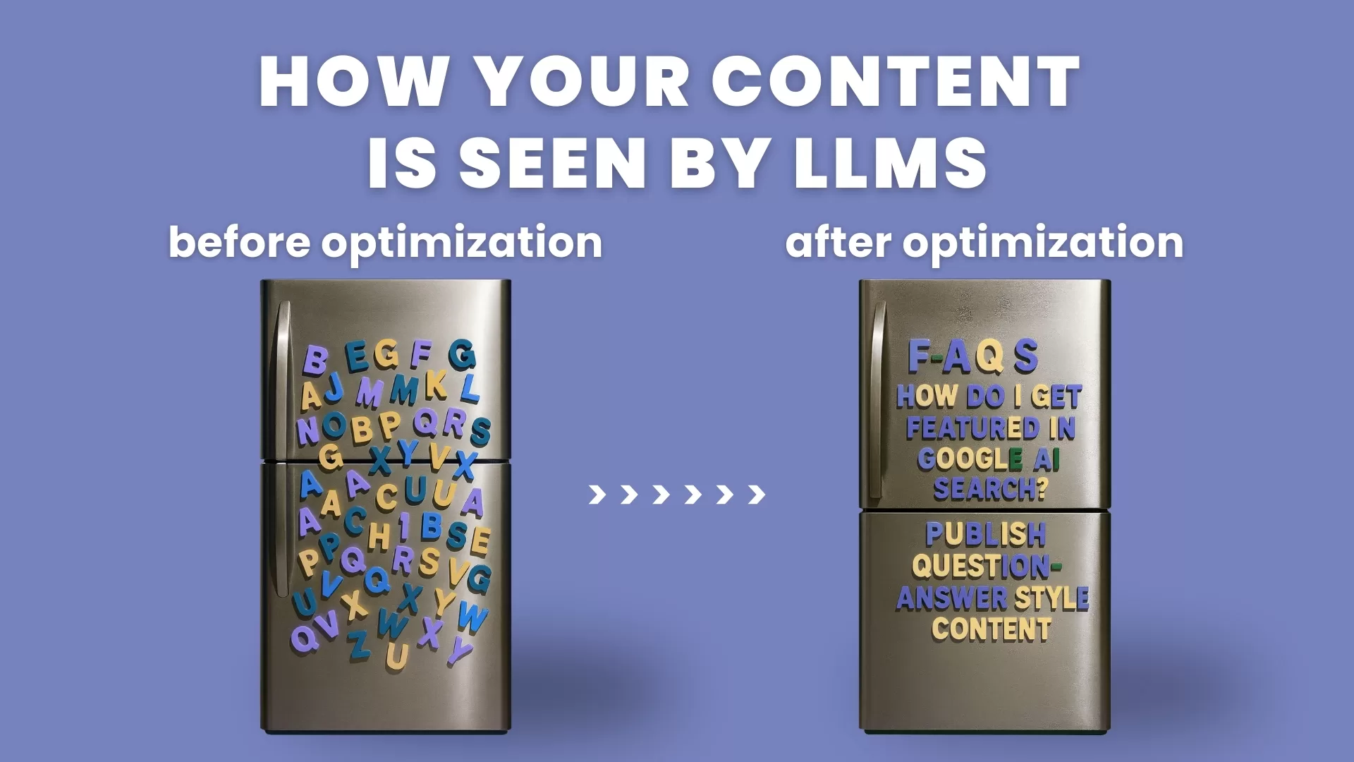 Two refrigerators on purple background showing scattered letters before and organized text after optimization.