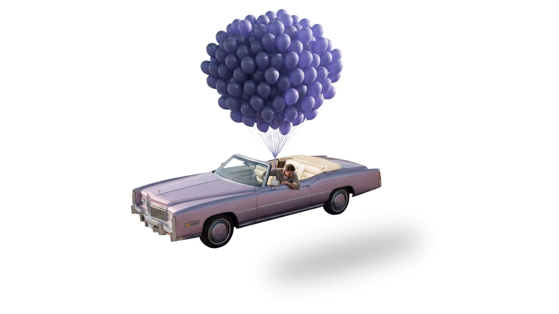 Vintage convertible car lifted by a cluster of purple balloons against a black background, symbolizing effort and lift without clear direction.